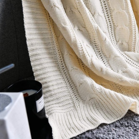 Cream White Knit Cable Knit Weave Pattern Decorative Bed Warm Accent Blanket - Picture 6 of 8